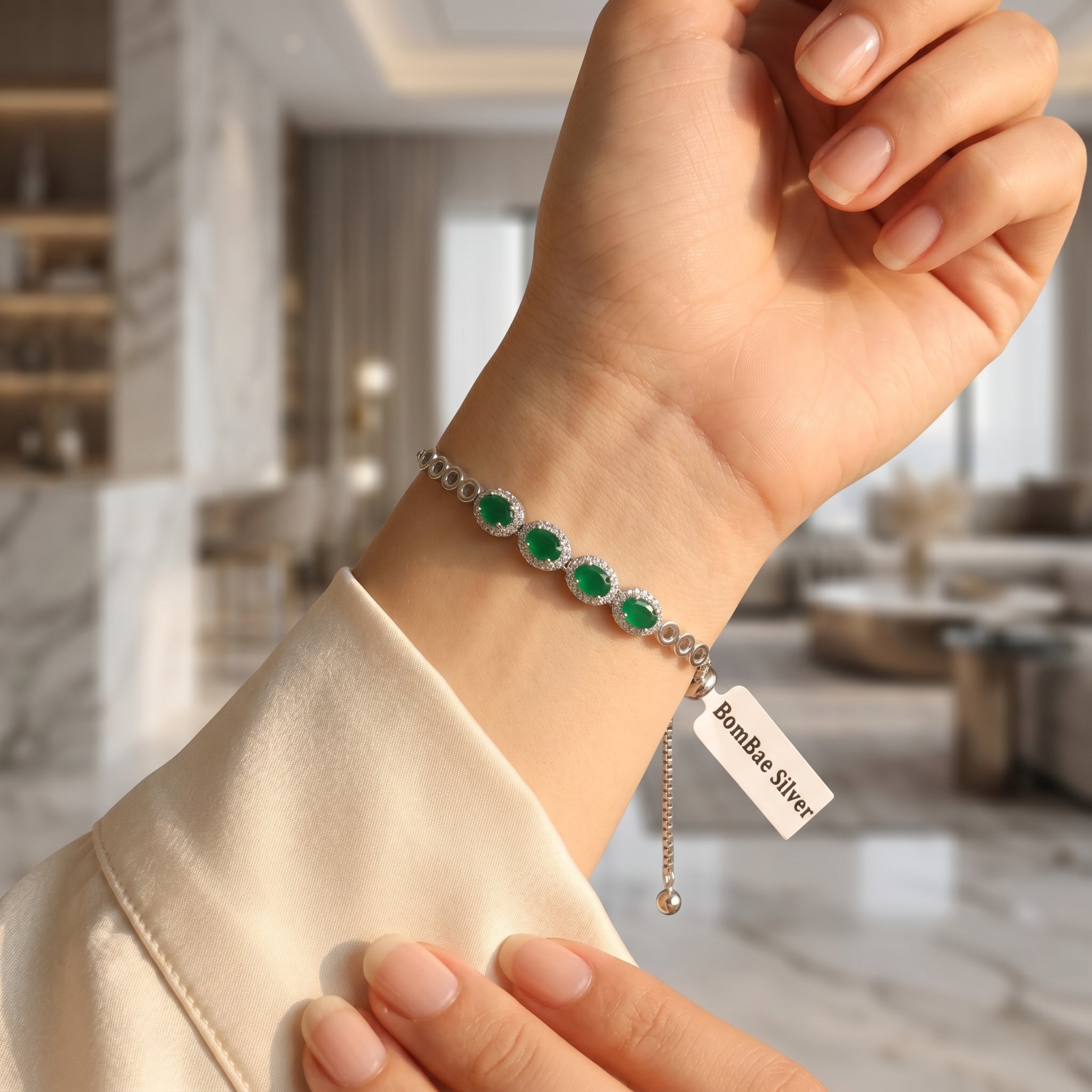 Green Stone Adjustable Bracelet for Women | Elegant Daily Wear Bracelet | 925 Sterling Silver