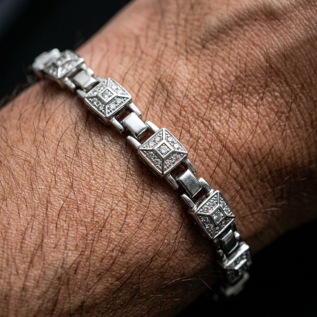 Diamond Square Link Bracelet for Men | Premium Statement Bracelet | 925 Sterling Silver