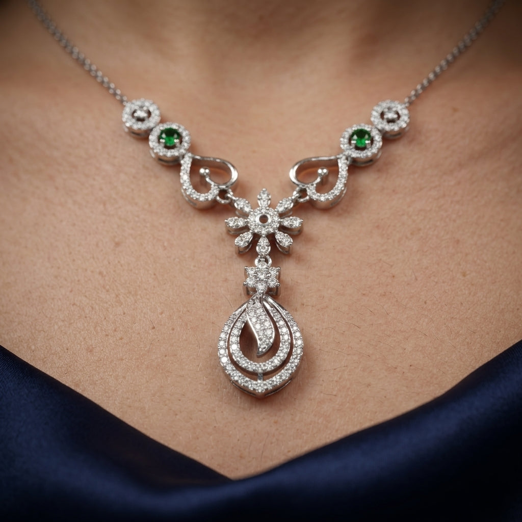 925 Sterling Silver Floral Teardrop Necklace Set | Luxury Zircon Pendant Set for Women