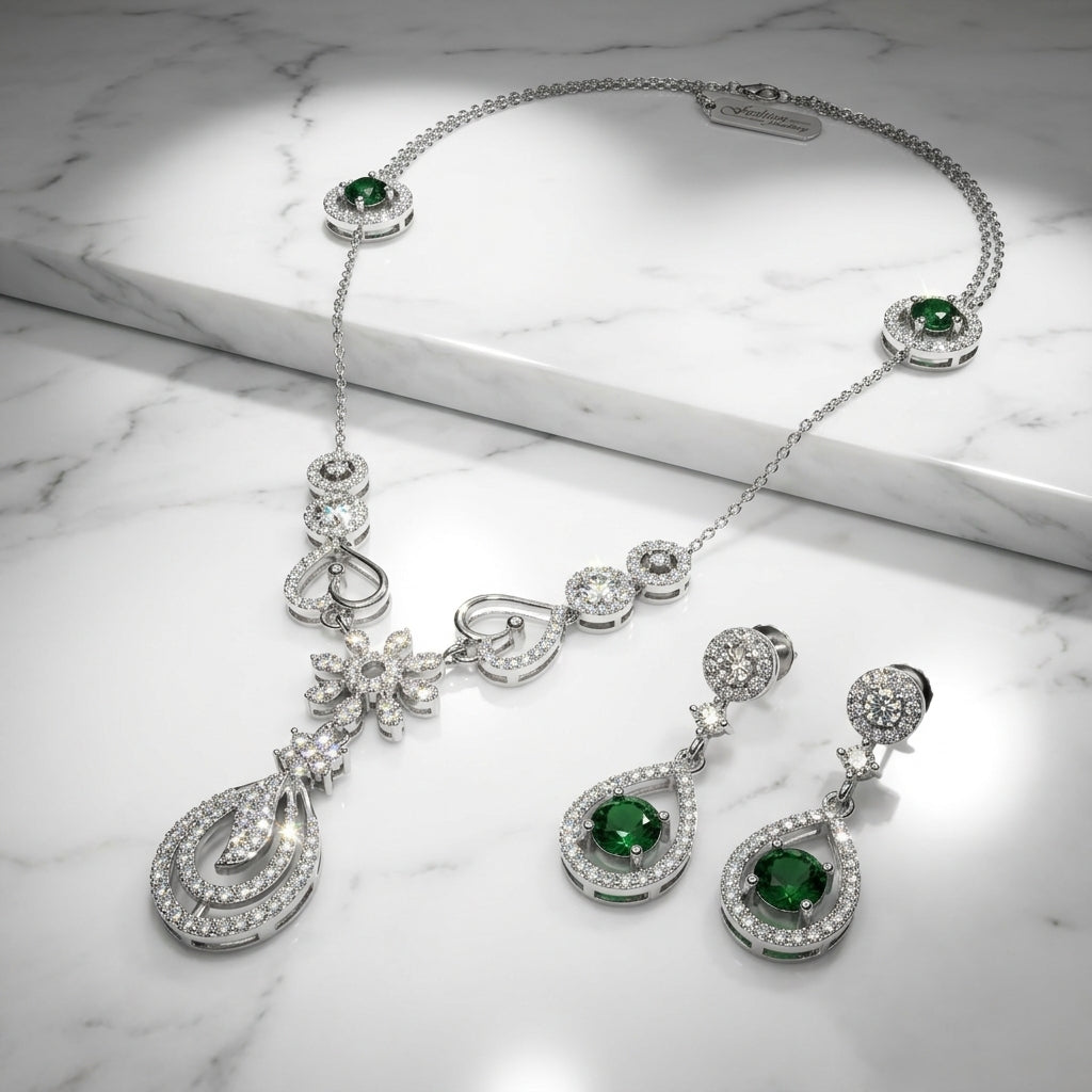 925 Sterling Silver Floral Teardrop Necklace Set | Luxury Zircon Pendant Set for Women