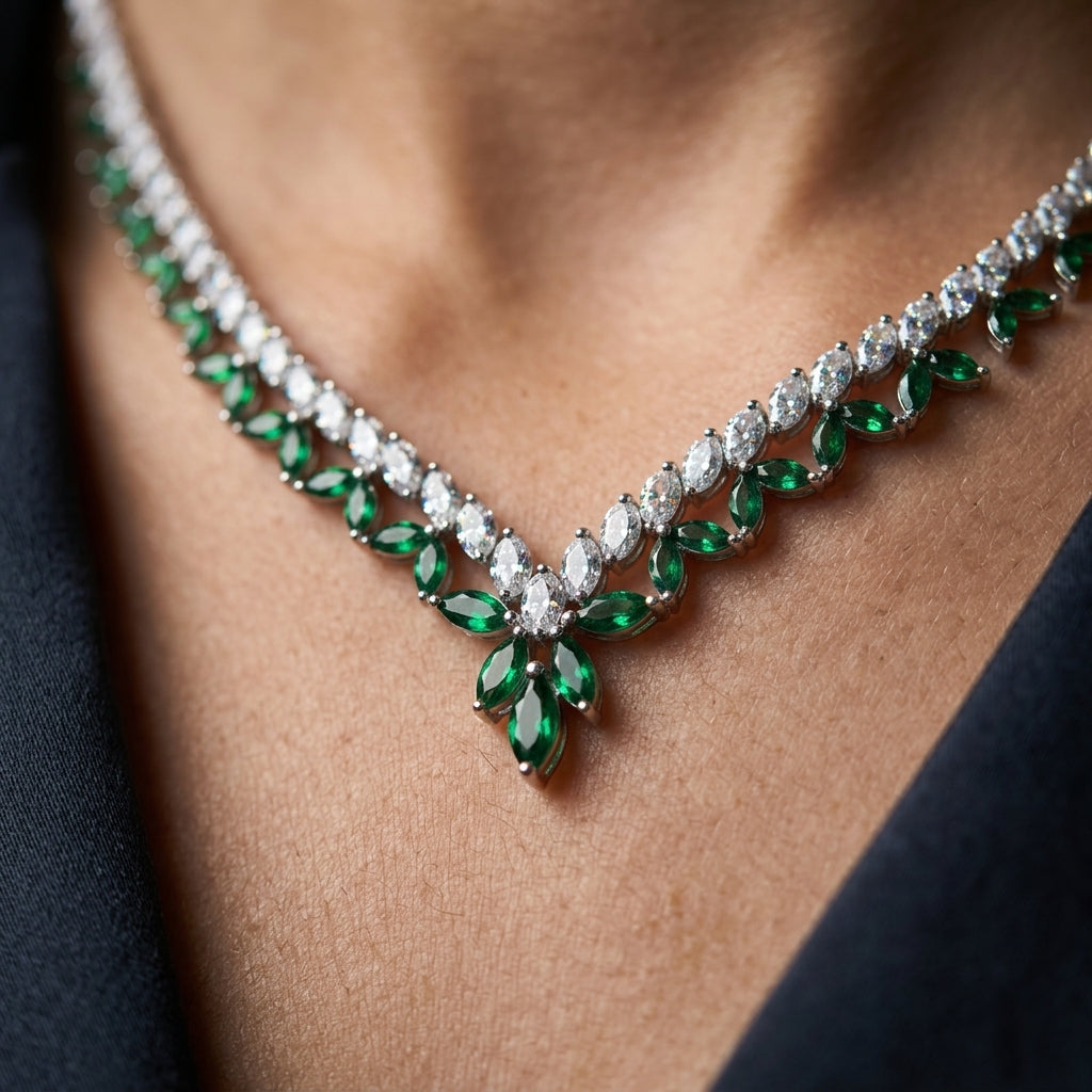 925 Sterling Silver Emerald Leaf Necklace Set | Luxury Green Stone Jewellery Set for Women