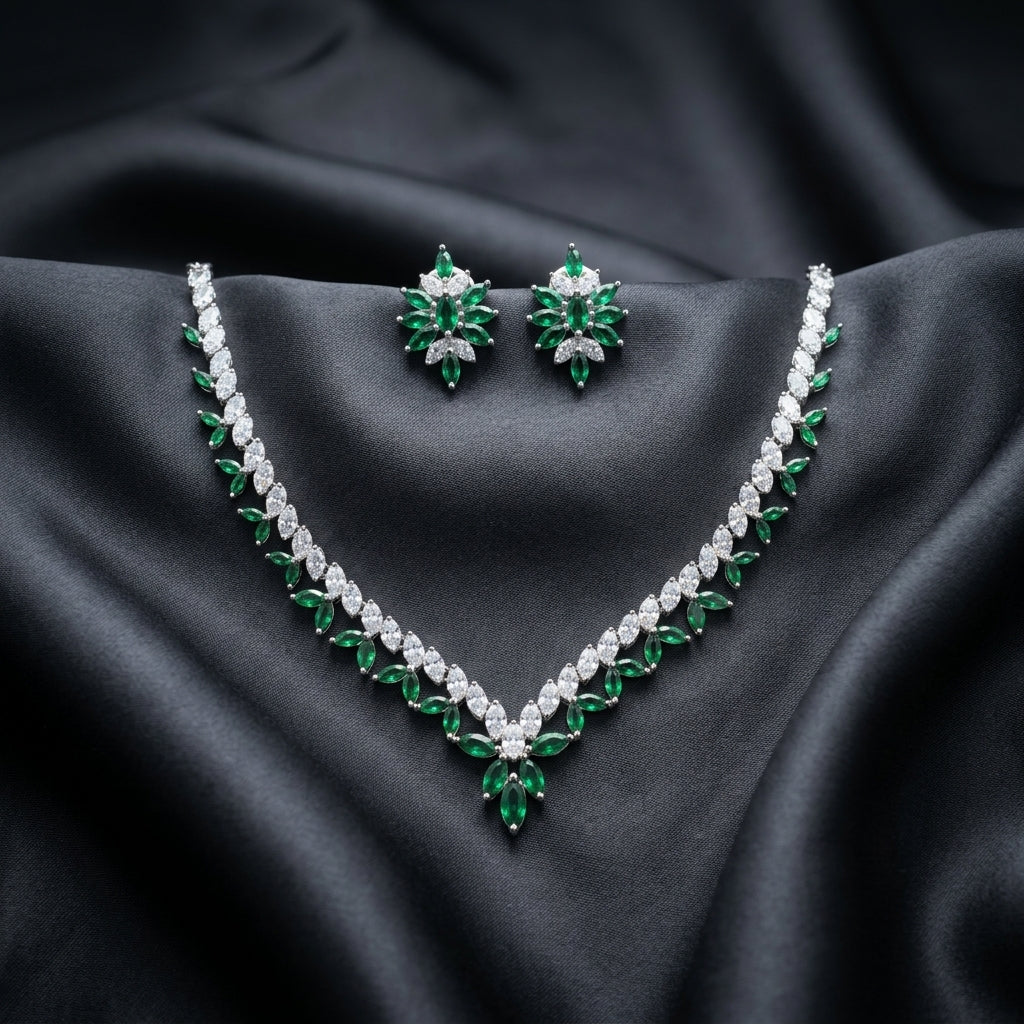 925 Sterling Silver Emerald Leaf Necklace Set | Luxury Green Stone Jewellery Set for Women