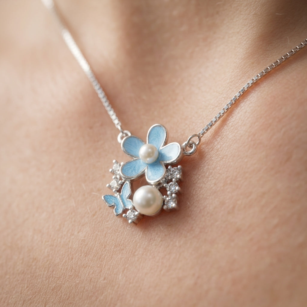 925 Sterling Silver Floral Pendant Necklace | Blue Flower Pearl Chain Pendant for Women