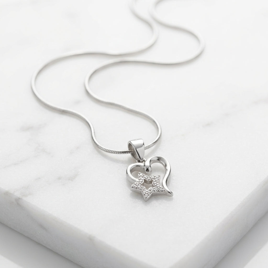 925 Sterling Silver Heart Star Pendant Necklace | Elegant Silver Chain for Women