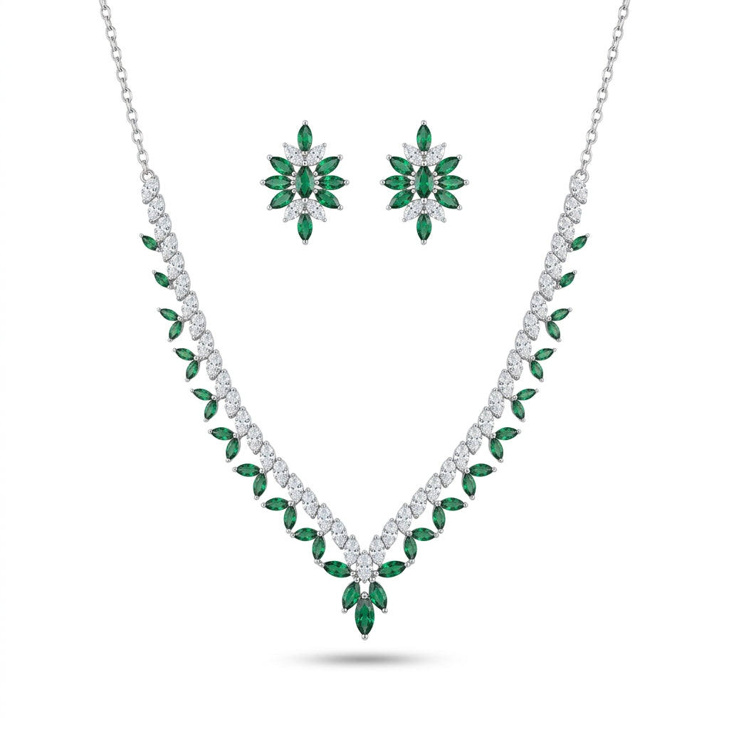 925 Sterling Silver Emerald Leaf Necklace Set | Luxury Green Stone Jewellery Set for Women