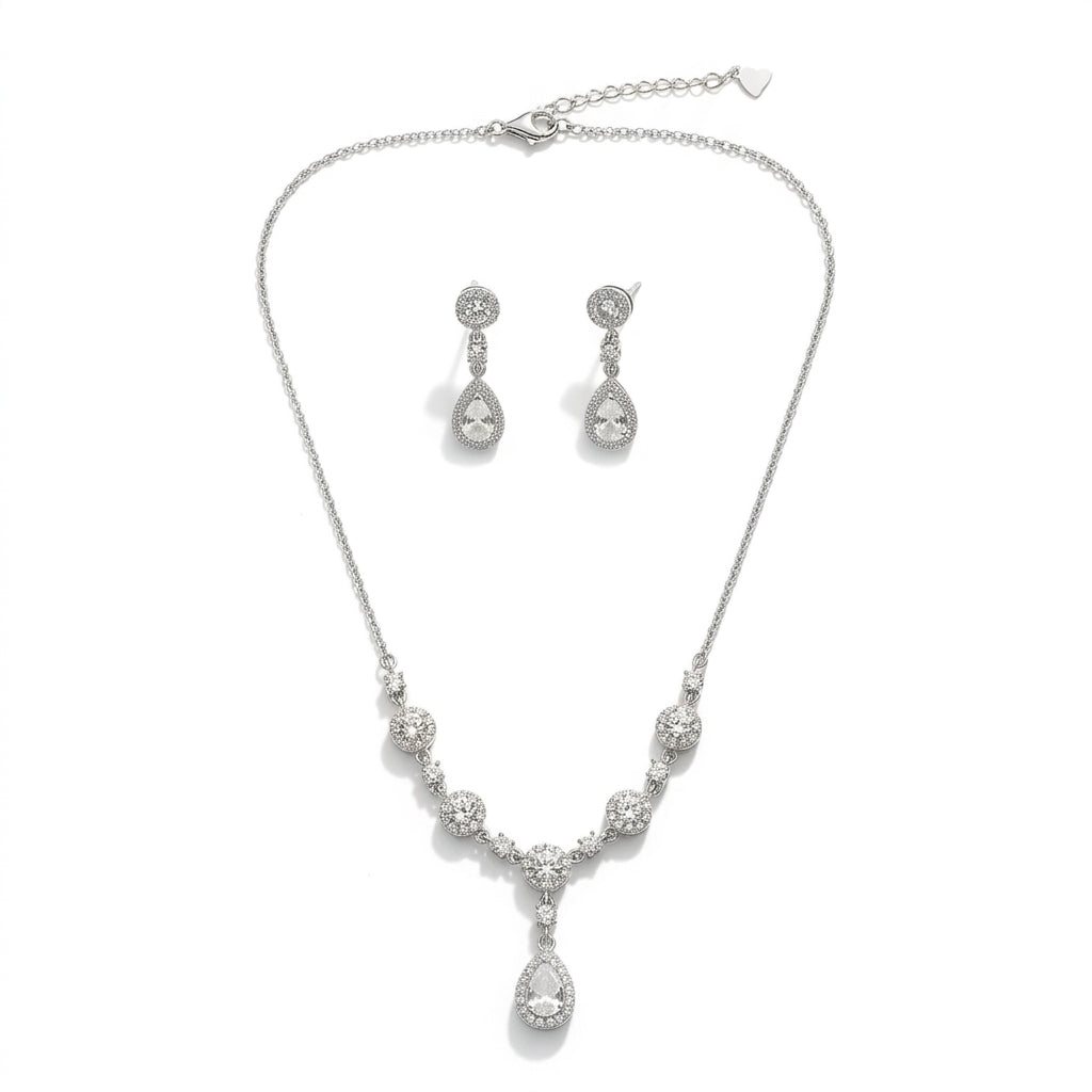 925 Sterling Silver Floral Drop Necklace Set | Luxury Zircon Jewellery Set for Women