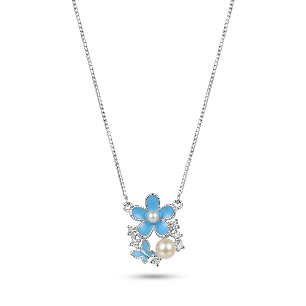 925 Sterling Silver Floral Pendant Necklace | Blue Flower Pearl Chain Pendant for Women
