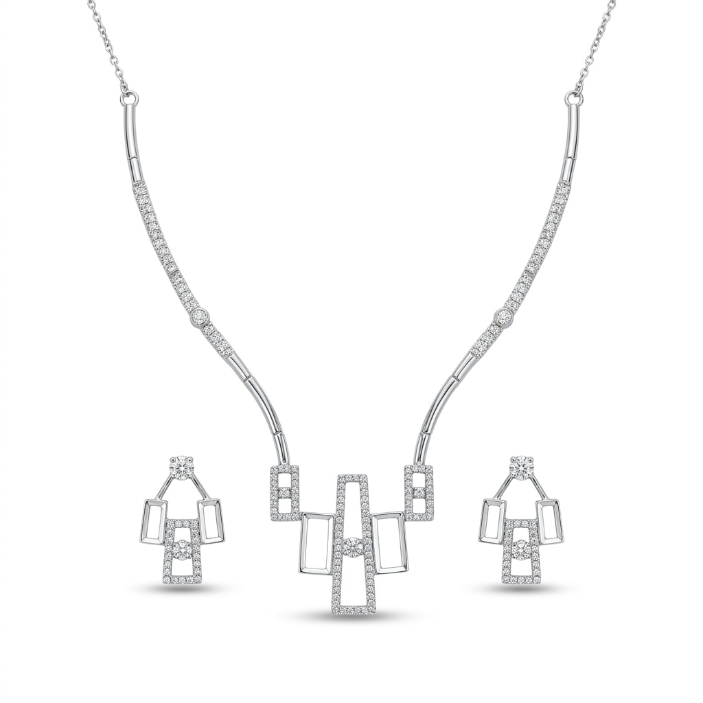925 Sterling Silver Geometric Necklace Set | Premium Silver Pendant & Earrings Set for Women
