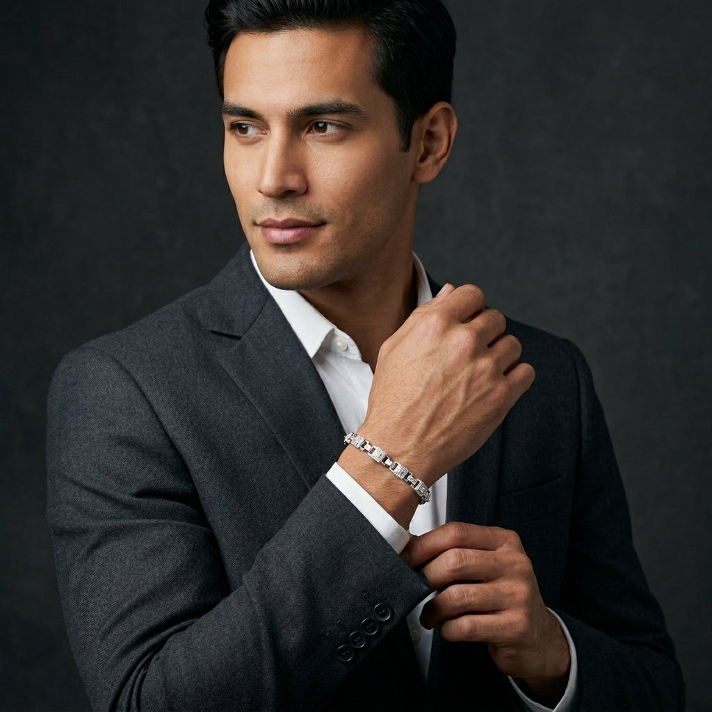 Diamond Square Link Bracelet for Men | Premium Statement Bracelet | 925 Sterling Silver