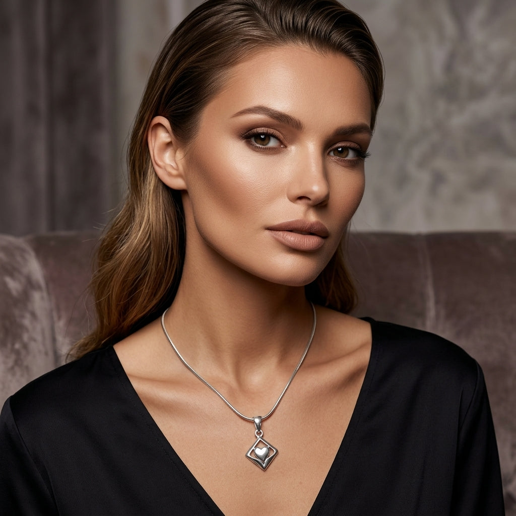 925 Sterling Silver Heart Pendant Necklace | Geometric Love Chain Pendant for Women