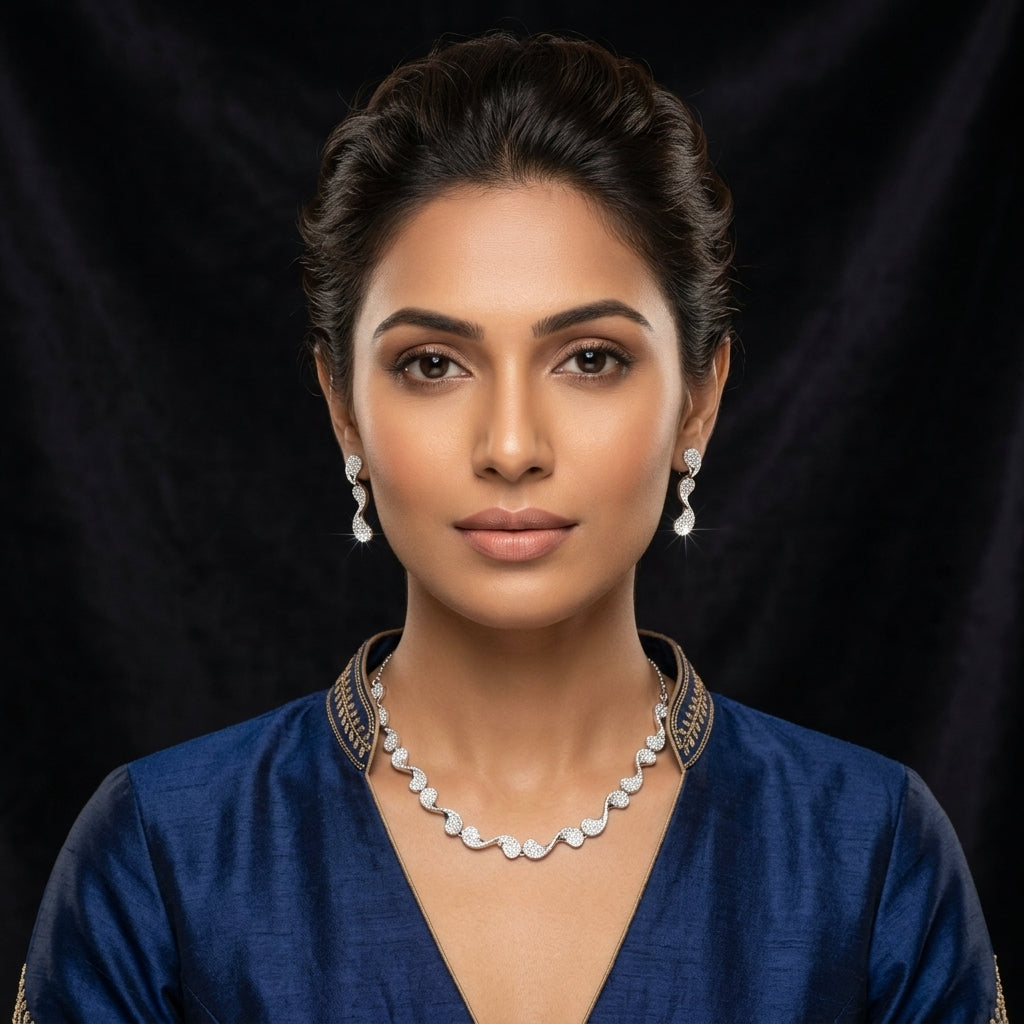 925 Sterling Silver Wave Crystal Necklace Set | Elegant Silver Jewellery Set for Women