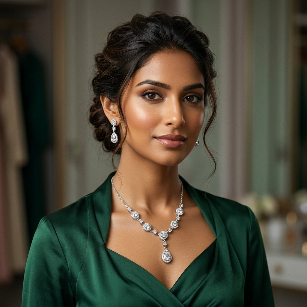 925 Sterling Silver Floral Drop Necklace Set | Luxury Zircon Jewellery Set for Women