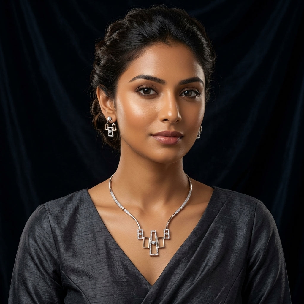 925 Sterling Silver Geometric Necklace Set | Premium Silver Pendant & Earrings Set for Women
