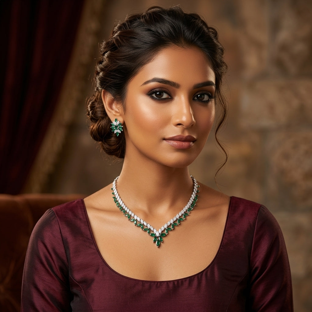 925 Sterling Silver Emerald Leaf Necklace Set | Luxury Green Stone Jewellery Set for Women
