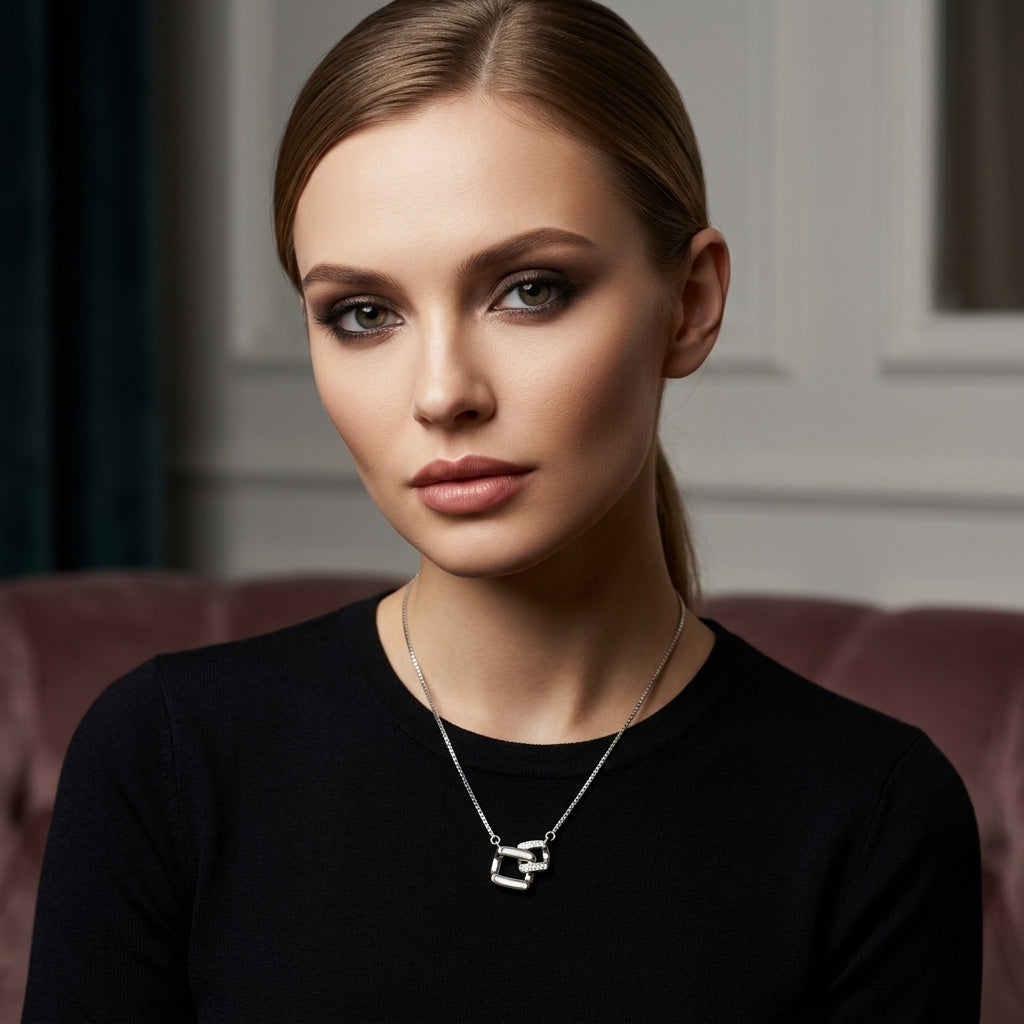 925 Sterling Silver Geometric Link Pendant Necklace | Modern Chain Pendant for Women