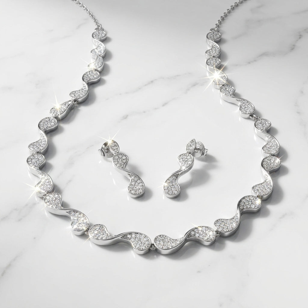 925 Sterling Silver Wave Crystal Necklace Set | Elegant Silver Jewellery Set for Women