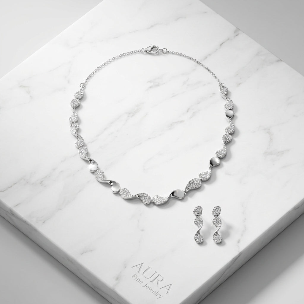 925 Sterling Silver Wave Crystal Necklace Set | Elegant Silver Jewellery Set for Women