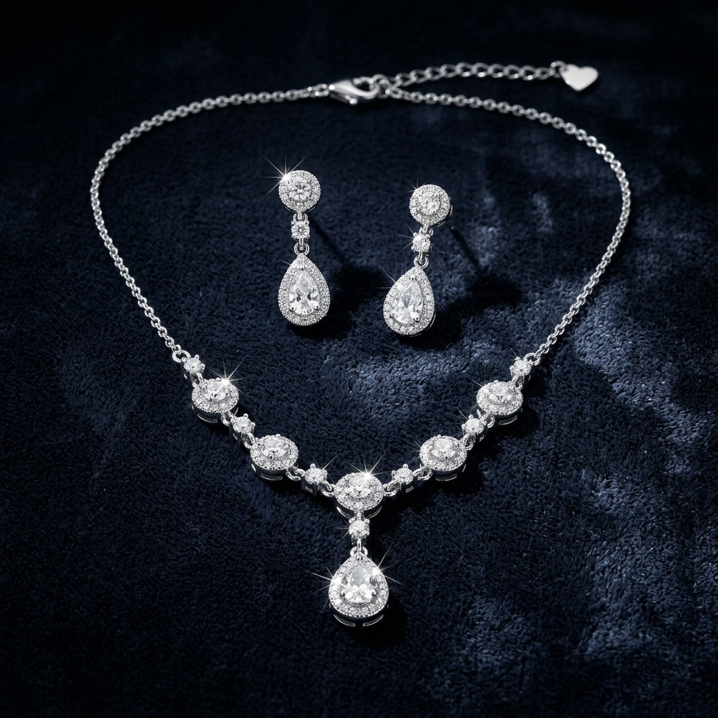 925 Sterling Silver Floral Drop Necklace Set | Luxury Zircon Jewellery Set for Women