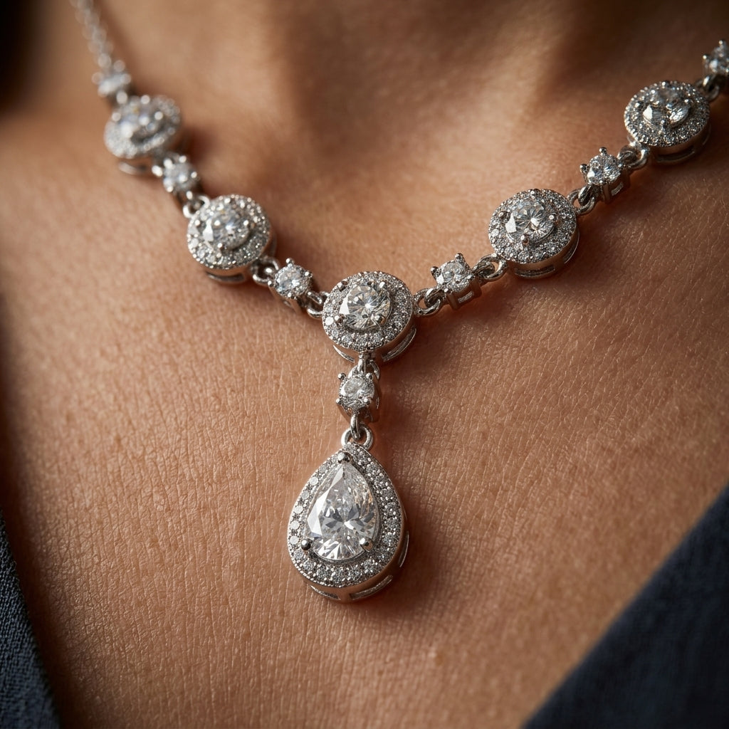 925 Sterling Silver Floral Drop Necklace Set | Luxury Zircon Jewellery Set for Women