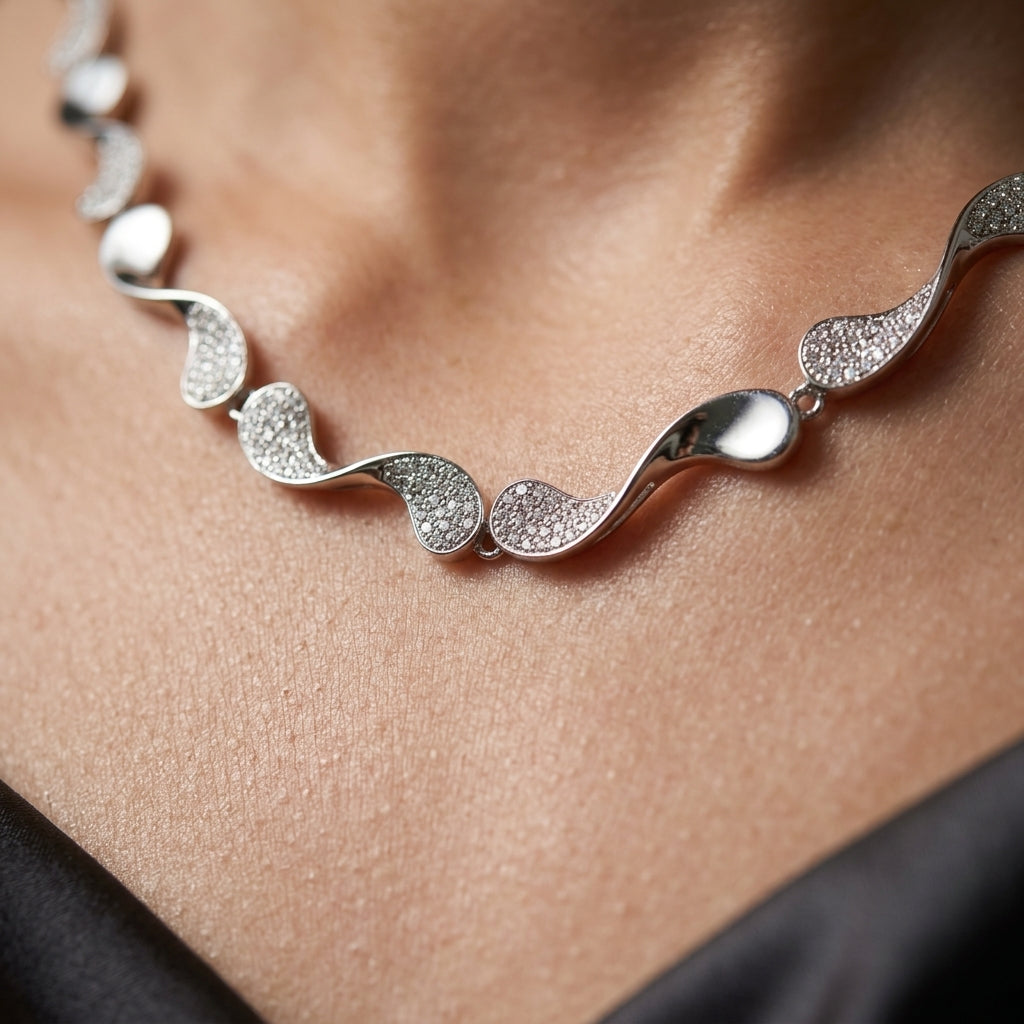 925 Sterling Silver Wave Crystal Necklace Set | Elegant Silver Jewellery Set for Women