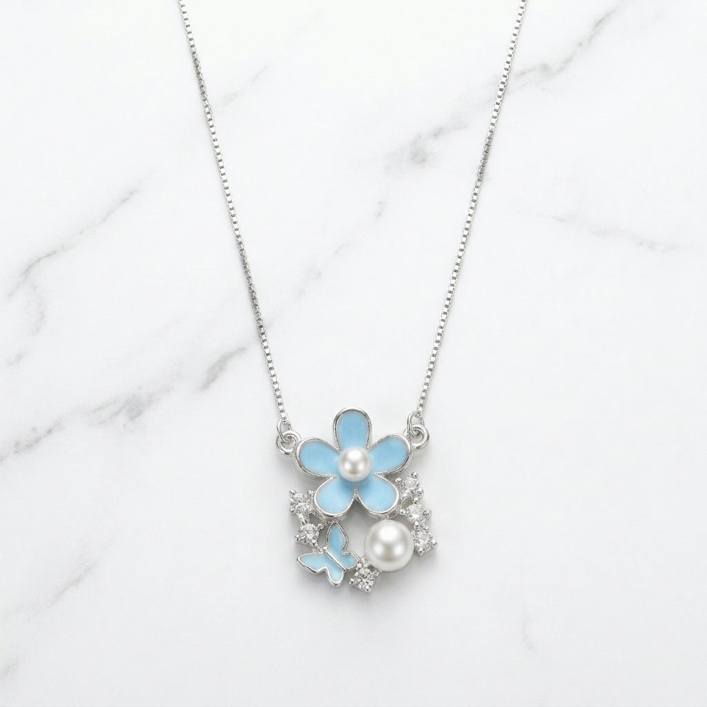 925 Sterling Silver Floral Pendant Necklace | Blue Flower Pearl Chain Pendant for Women