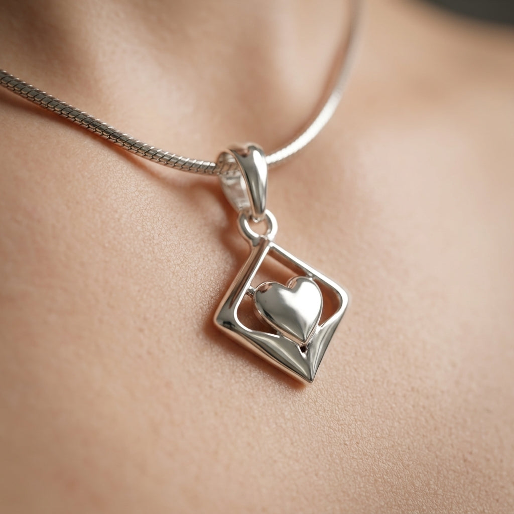 925 Sterling Silver Heart Pendant Necklace | Geometric Love Chain Pendant for Women