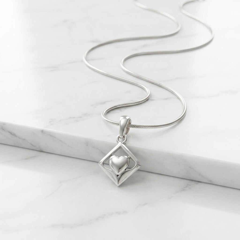 925 Sterling Silver Heart Pendant Necklace | Geometric Love Chain Pendant for Women