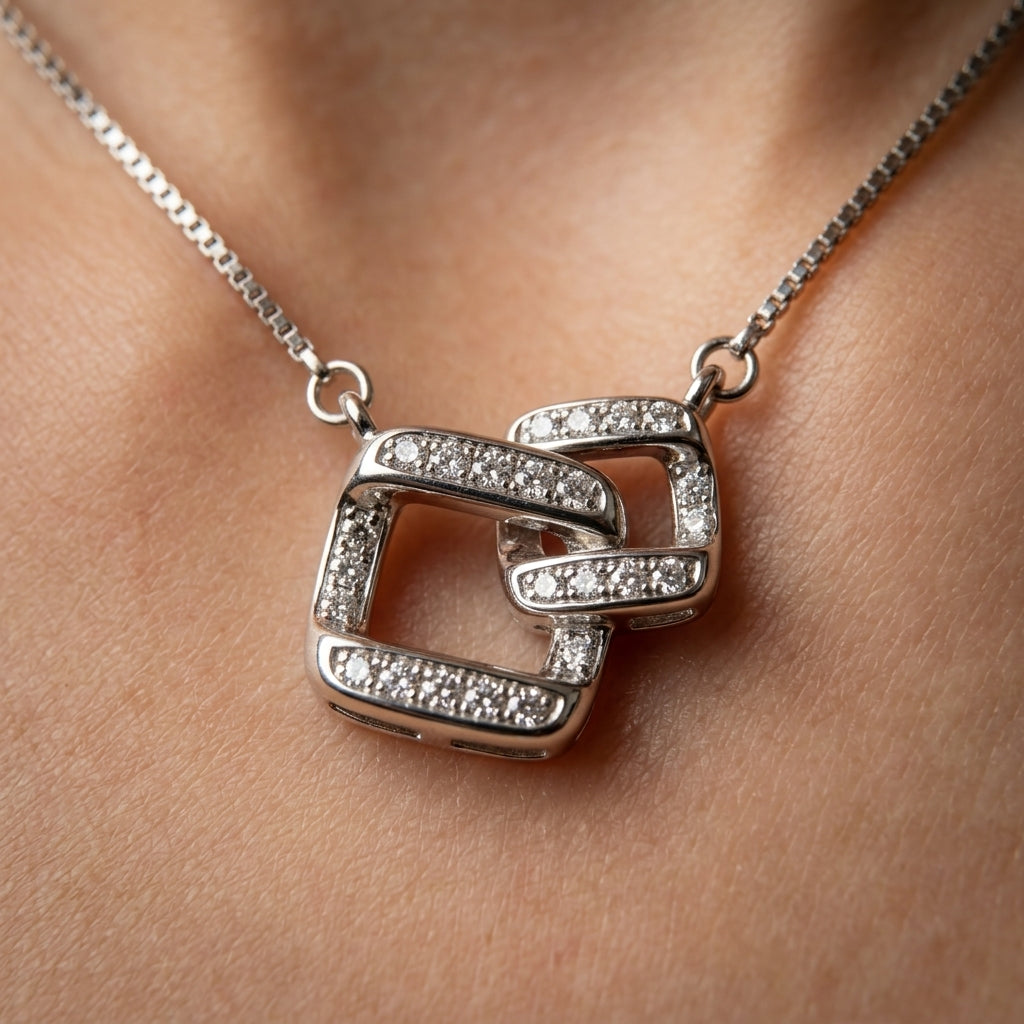 925 Sterling Silver Geometric Link Pendant Necklace | Modern Chain Pendant for Women