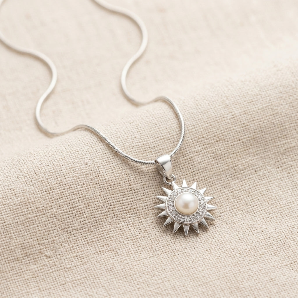 925 Sterling Silver Sun Pearl Pendant Necklace | Elegant Celestial Silver Chain for Women
