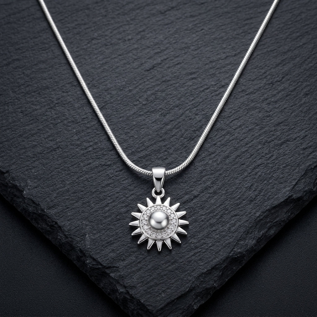 925 Sterling Silver Sun Pearl Pendant Necklace | Elegant Celestial Silver Chain for Women