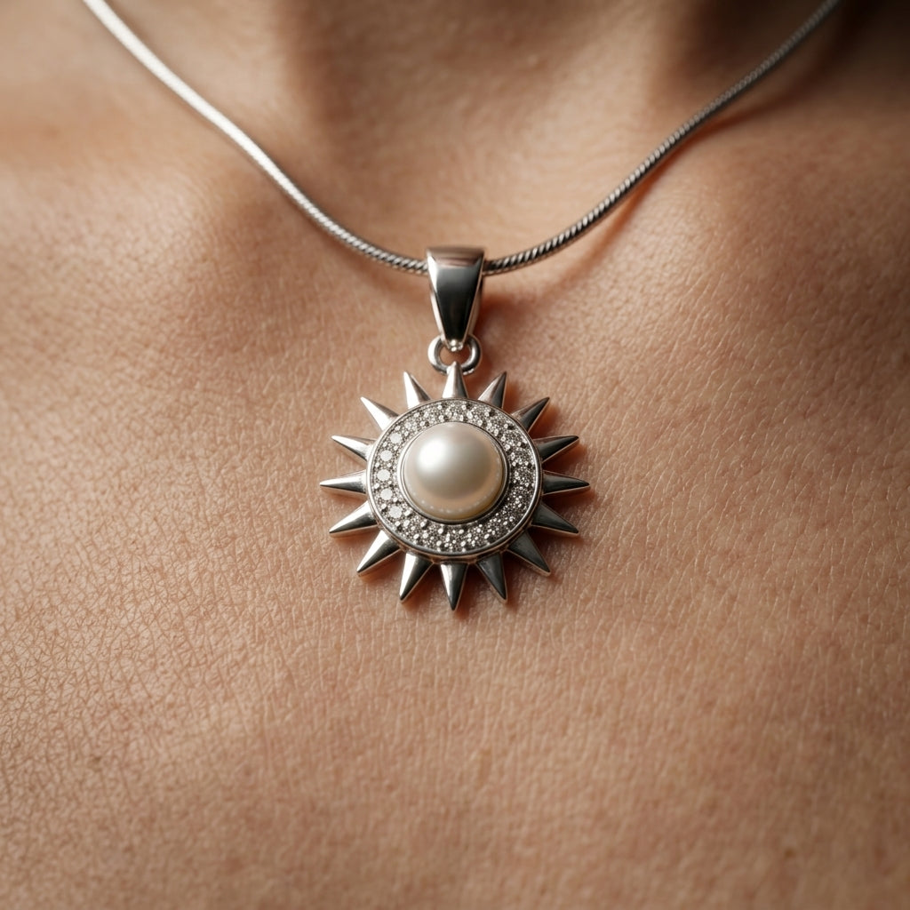 925 Sterling Silver Sun Pearl Pendant Necklace | Elegant Celestial Silver Chain for Women