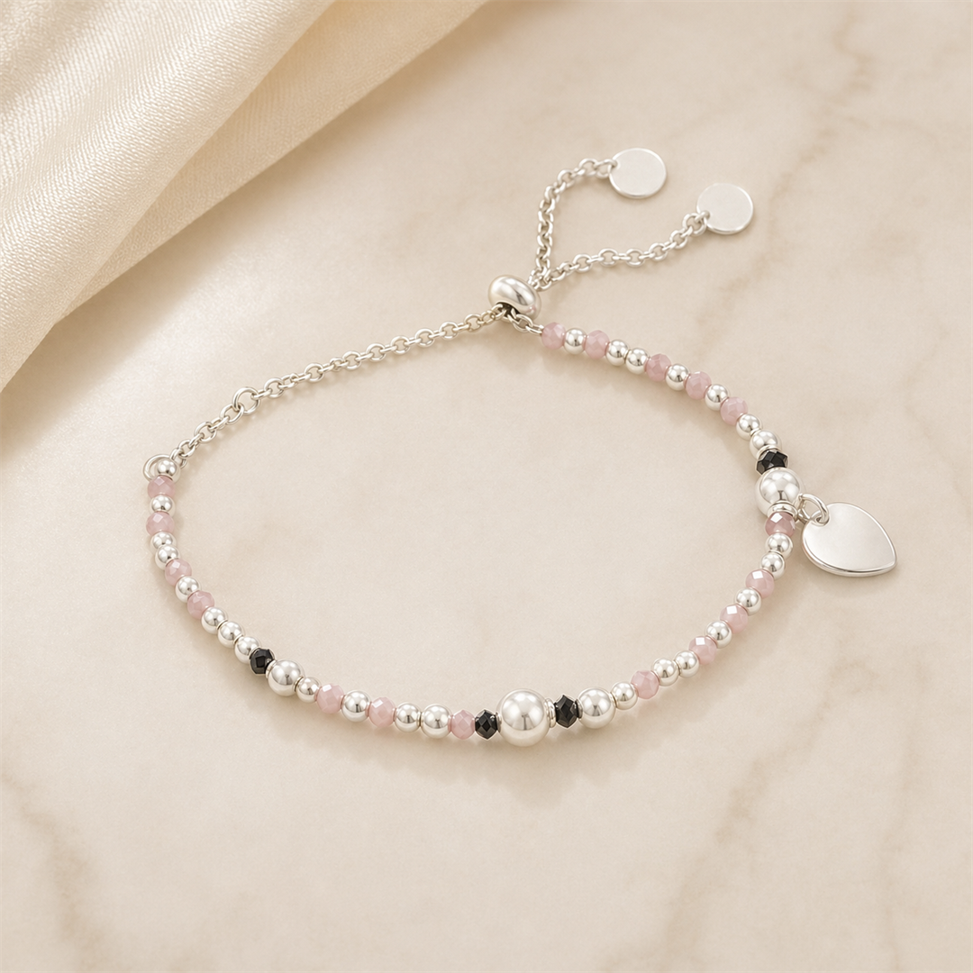 Pink Bead Heart Charm Bracelet for Women | Elegant Daily Wear Bracelet | 925 Sterling Silver