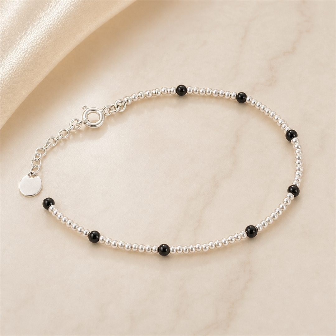 Black Bead Silver Bracelet for Women | Elegant Daily Wear Bracelet | 925 Sterling Silver