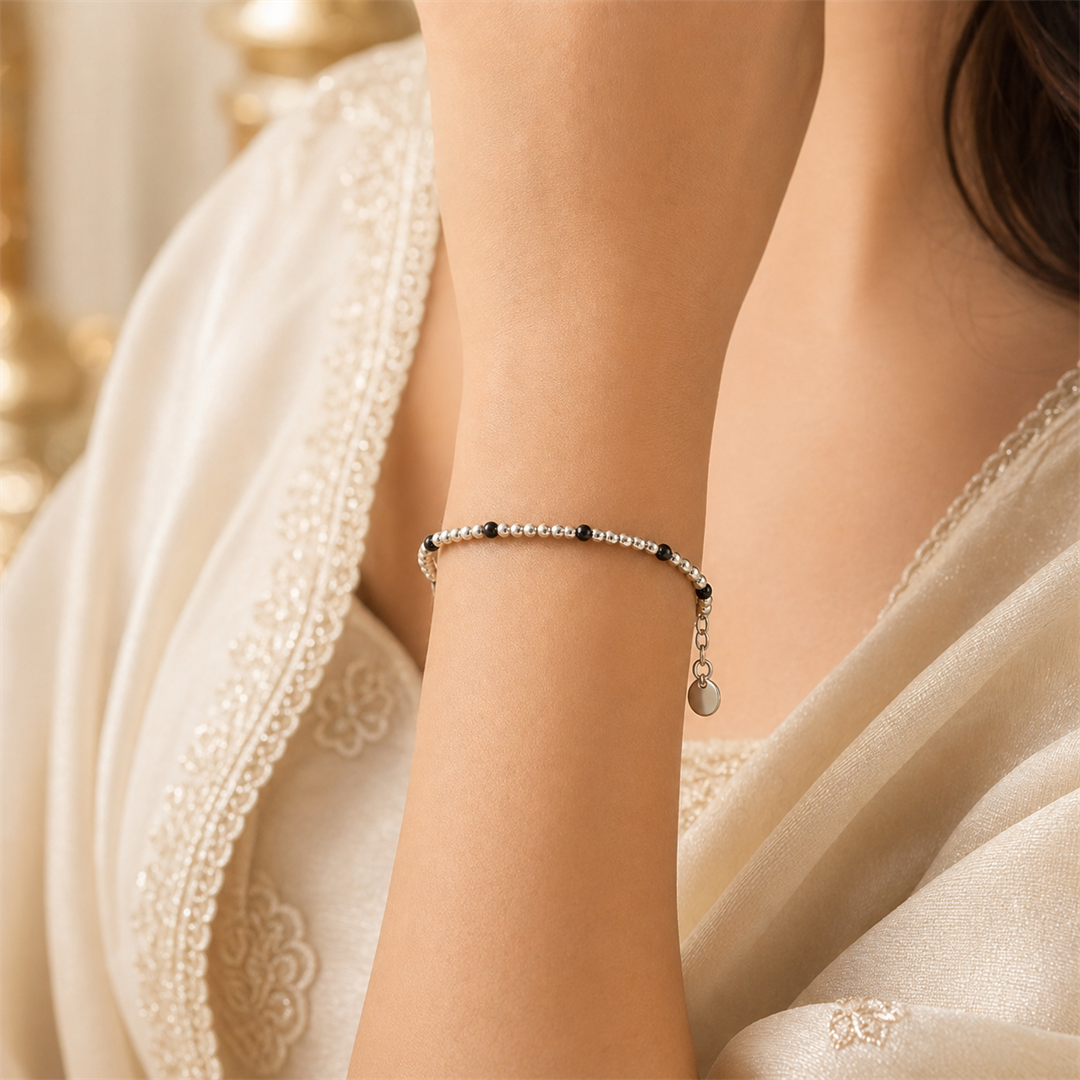 Black Bead Silver Bracelet for Women | Elegant Daily Wear Bracelet | 925 Sterling Silver