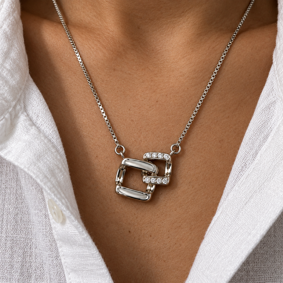 925 Sterling Silver Geometric Link Pendant Necklace | Modern Chain Pendant for Women