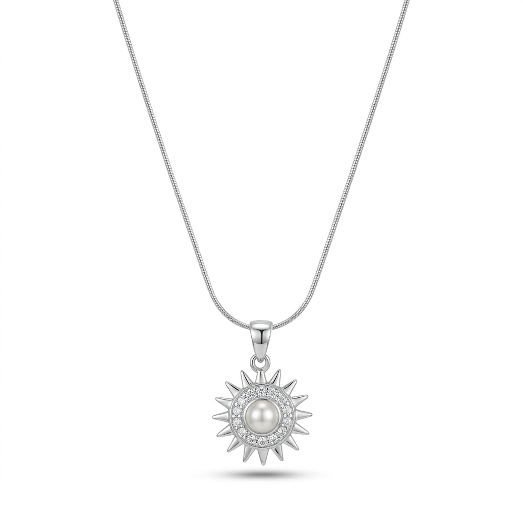 925 Sterling Silver Sun Pearl Pendant Necklace | Elegant Celestial Silver Chain for Women
