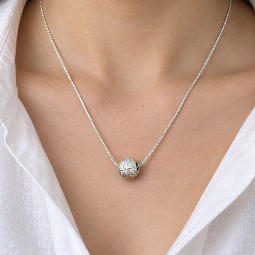 Filigree Sphere 925 Silver Pendant Necklace | Vintage Ball Charm