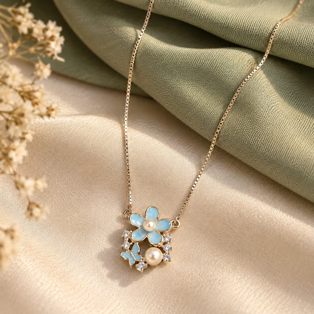 925 Sterling Silver Floral Pendant Necklace | Blue Flower Pearl Chain Pendant for Women