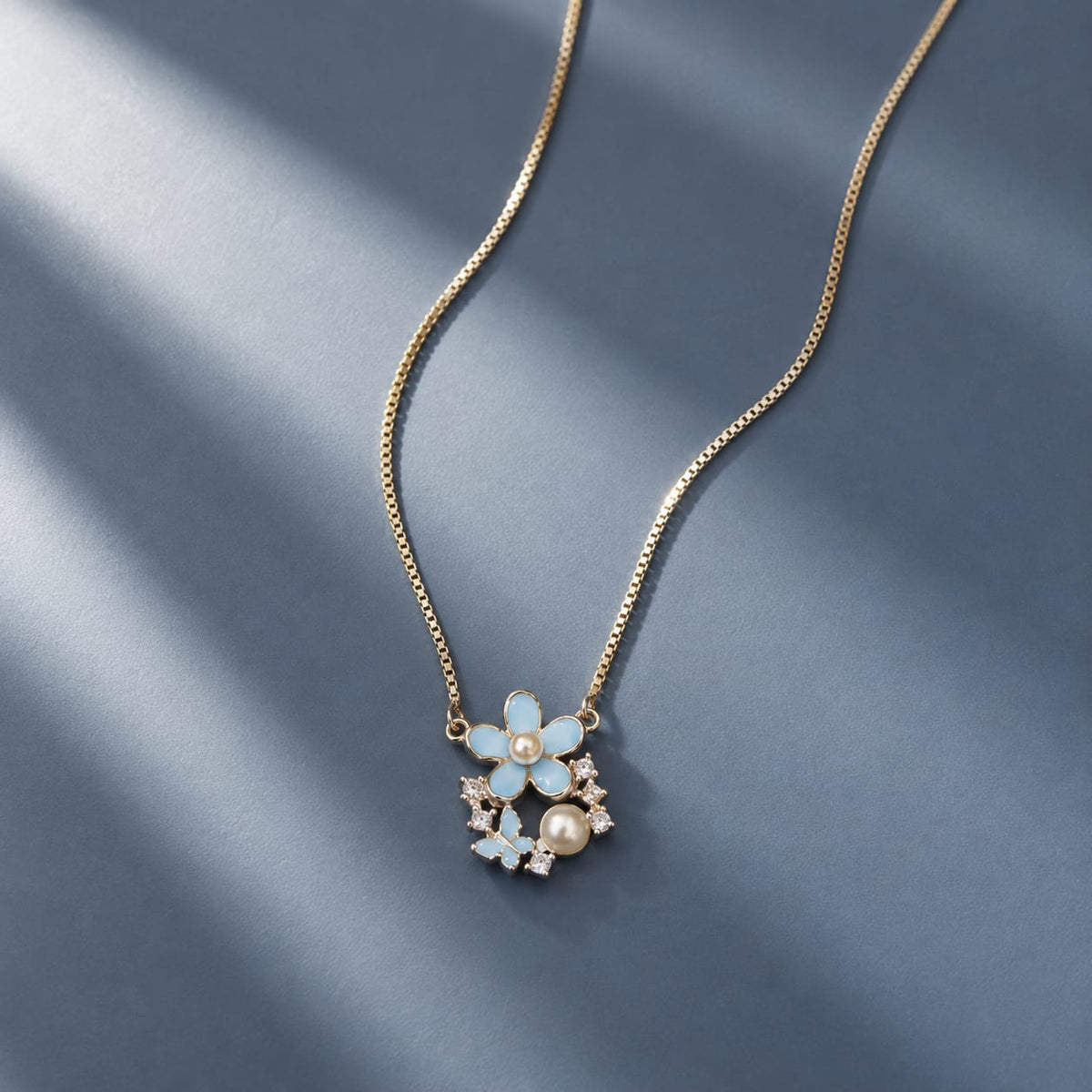 925 Sterling Silver Floral Pendant Necklace | Blue Flower Pearl Chain Pendant for Women