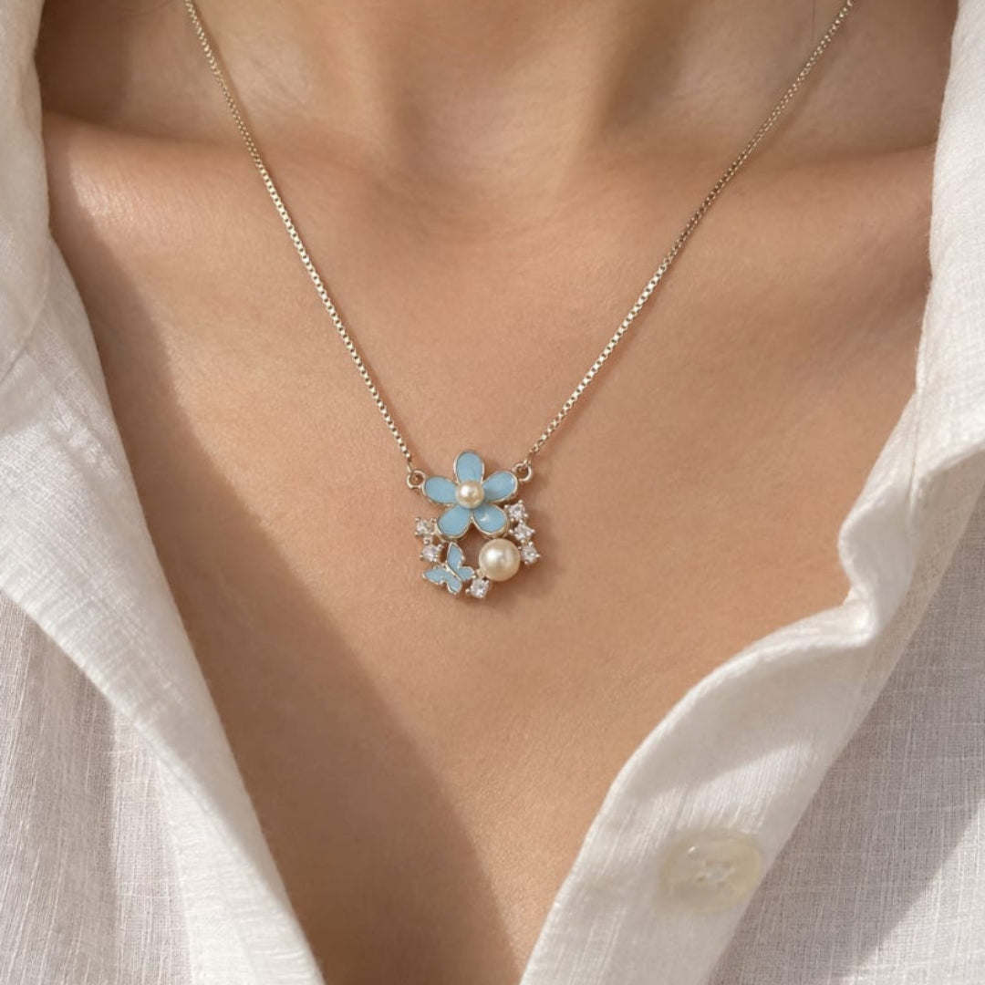925 Sterling Silver Floral Pendant Necklace | Blue Flower Pearl Chain Pendant for Women