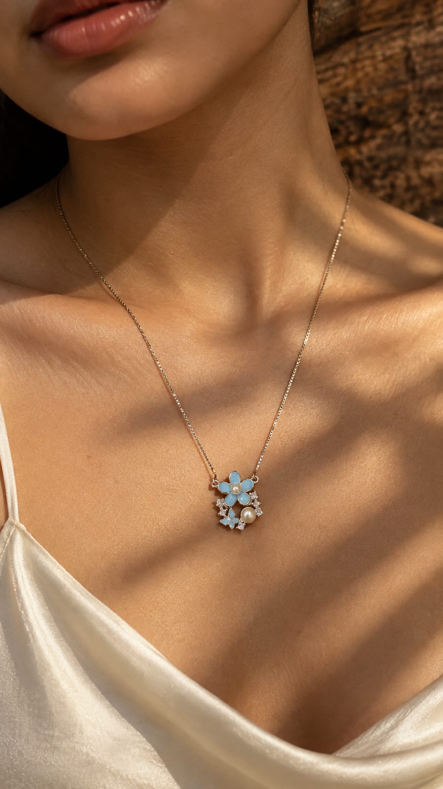 925 Sterling Silver Floral Pendant Necklace | Blue Flower Pearl Chain Pendant for Women