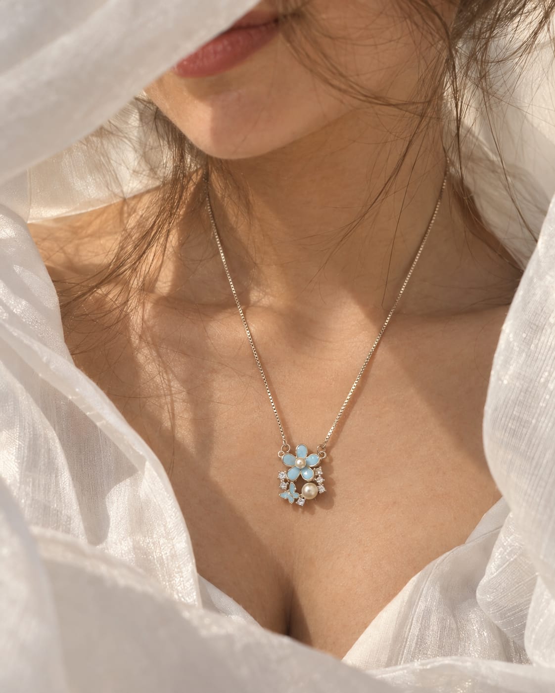 925 Sterling Silver Floral Pendant Necklace | Blue Flower Pearl Chain Pendant for Women