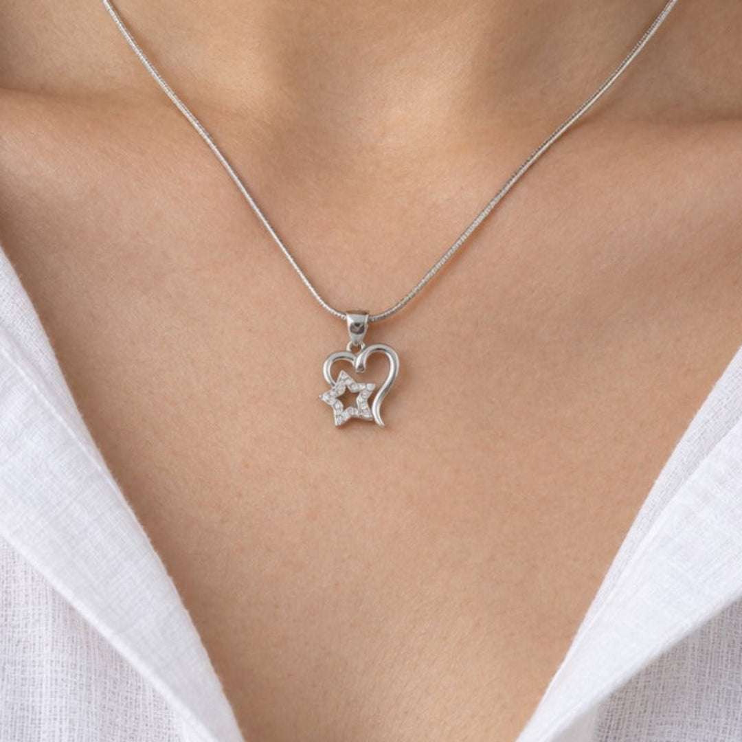 925 Sterling Silver Heart Star Pendant Necklace | Minimal Silver Chain for Women